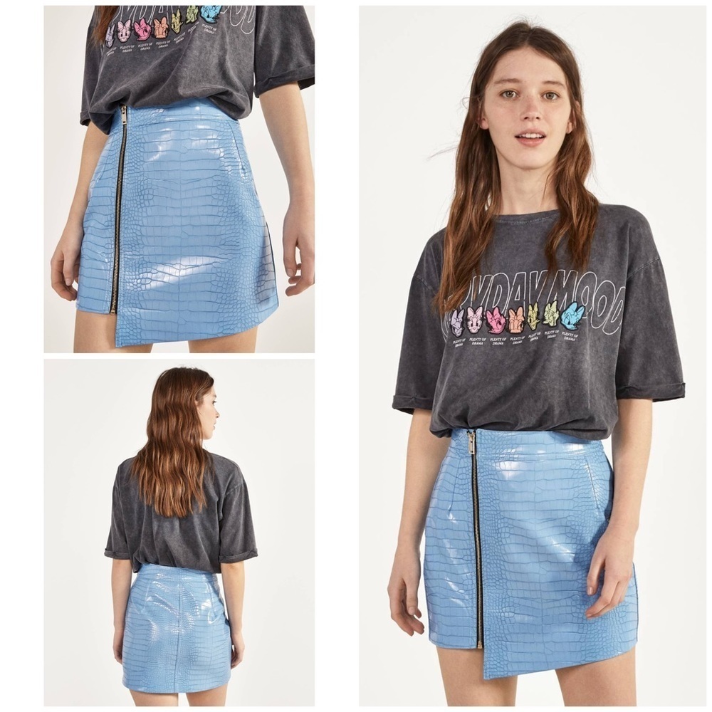 NWT Zara Bershka Moc Croc Reptile Asymmetrical Zipper Blue Vegan Leather Skirt S